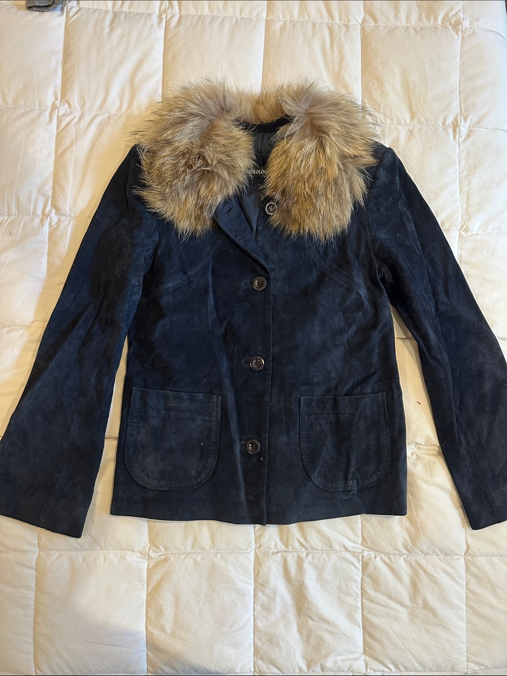 Ideology Navy Suede Jacket with Faux Fur Trim